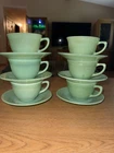 Fire King Jane Ray Jadeite Ribbed Tea Cup Saucer Set -set Of 6