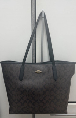 Coach Tragetasche groß Leder braun-schwarz Logo-Muster Doppelgriff Damen