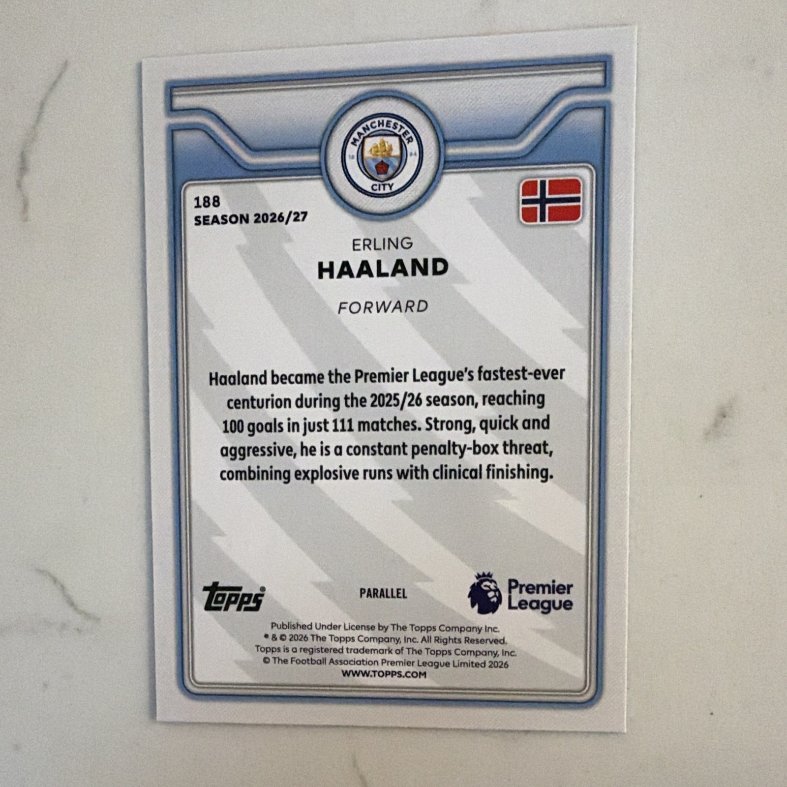 Topps Premier League 2026/27 Erling Haaland #188 Manchester City Parallel view 2