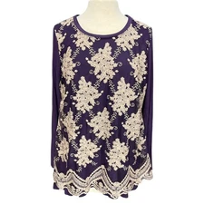 LOGO BY LORI GOLDSTEIN Womens Boho Romantic Lace Tunic Top Size M Long Sleeve