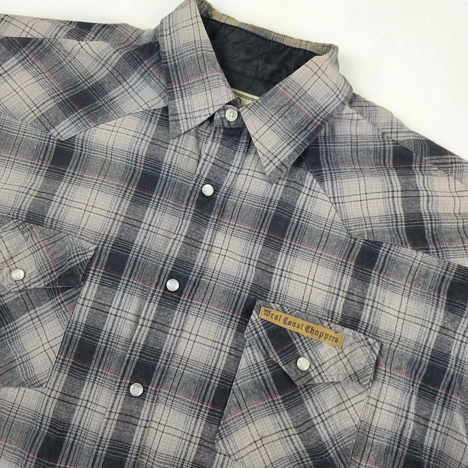 Camisa West Coast Choppers Jesse James Para Hombres XL Gris Cuadros Western Pearl Snap Foto 3 de 4