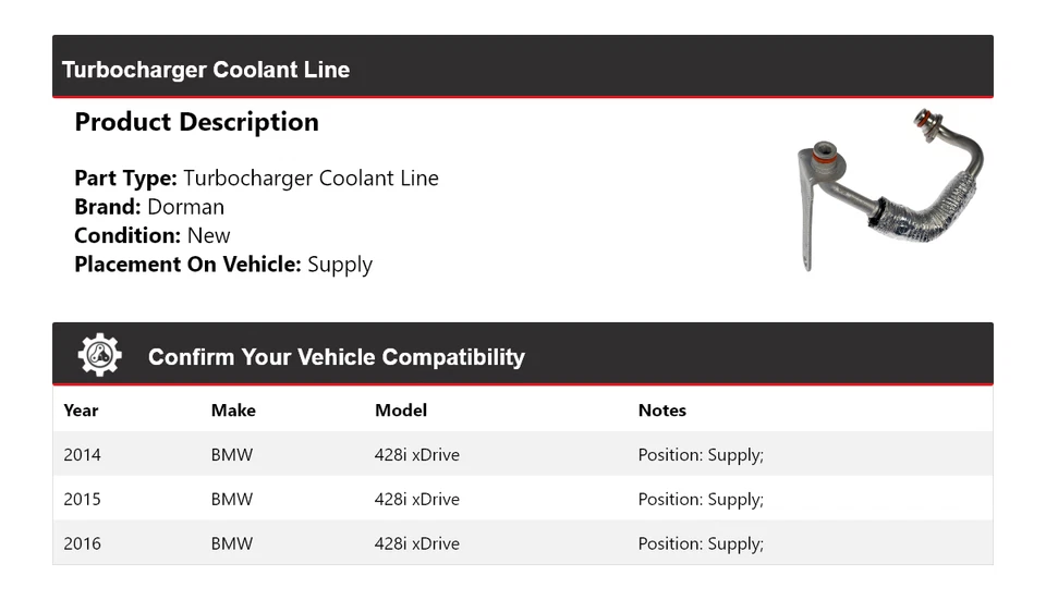 For 2014-2016 BMW 428i xDrive Dorman Turbocharger Coolant Line Supply 2015 - Image 2 of 4