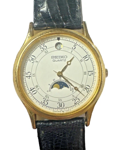 Seiko Moon Phase Watch 34mm White Dial Gold Tone Date 6F22-7009 New Lizard Band