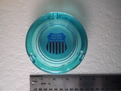:Vintage UNION PACIFIC RAILROAD Ashtray BLUE Glass!