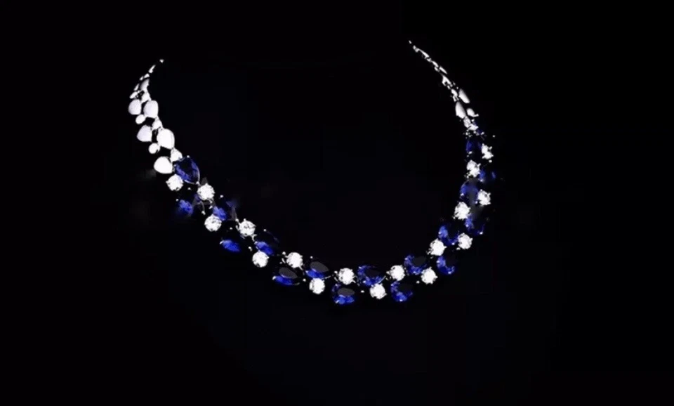 Elegante collar de tenis de zafiro azul creado en laboratorio relleno de oro blanco de 18k joyería Foto 3 de 4