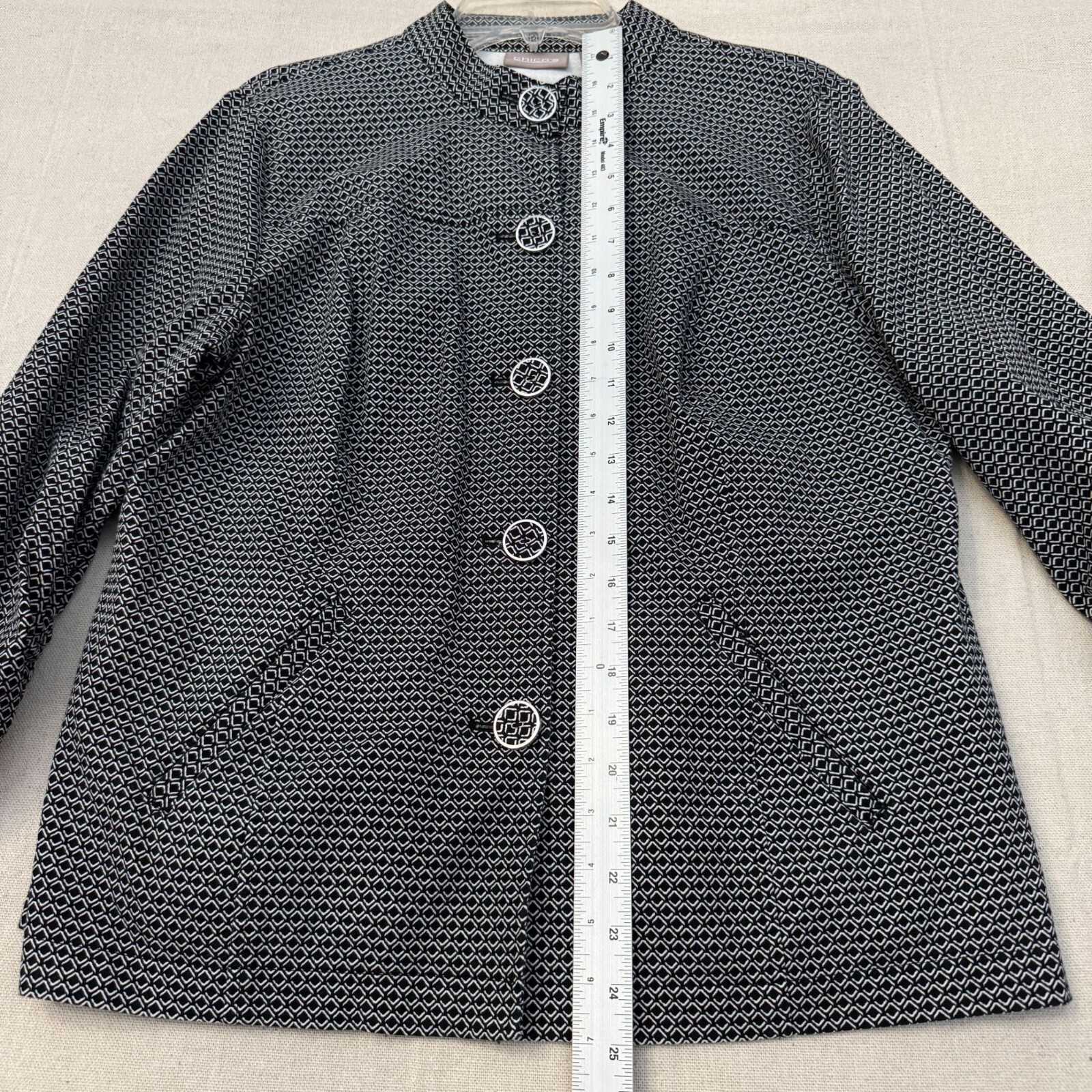 Chico’s Button-Up Jacket Geometric Pattern Ruched… - image 10