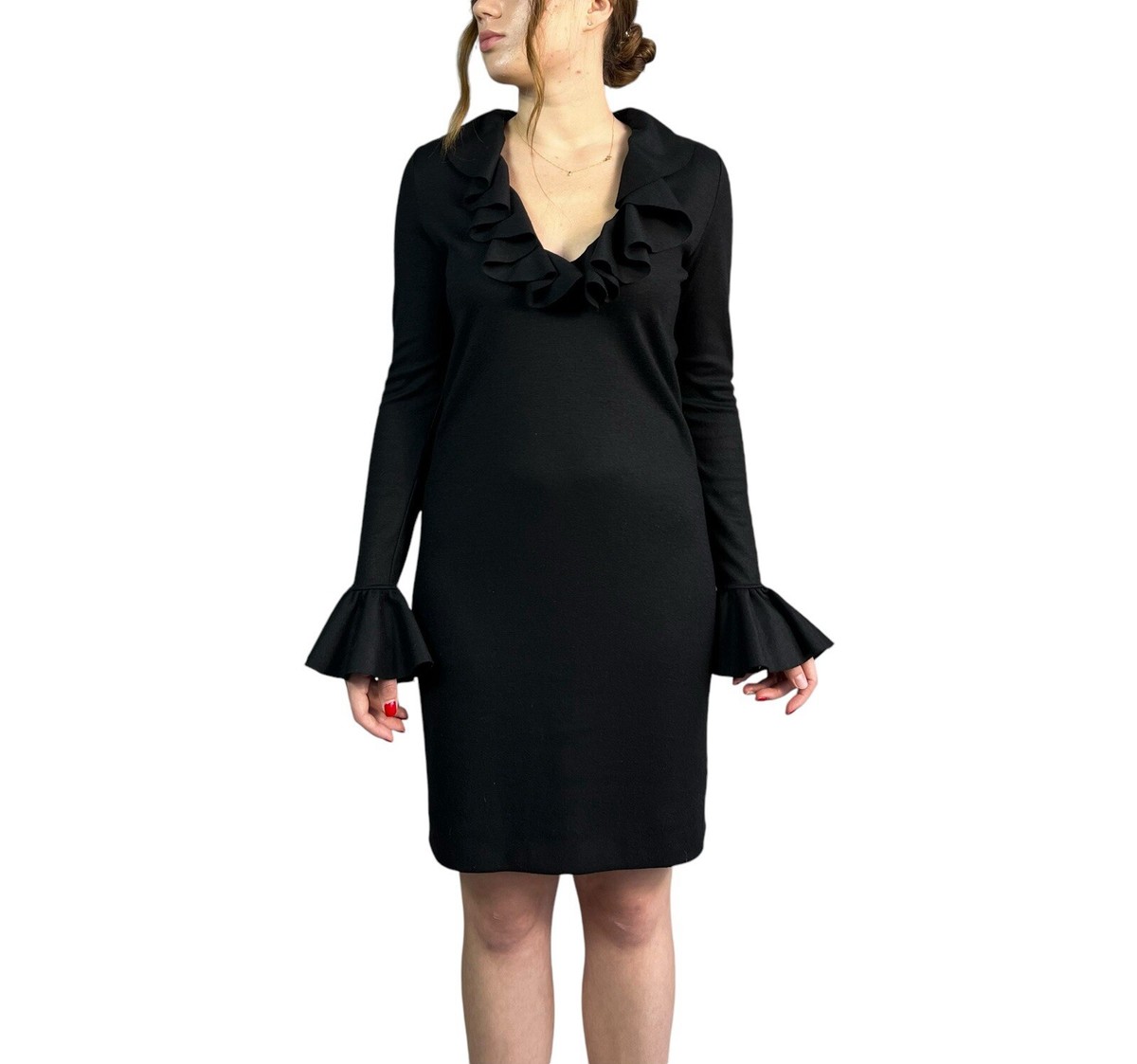 gucci black long sleeve dress Vintage Women's Mini 100% Wool V-Neck Ruffle Sz S Size:XXL(14)