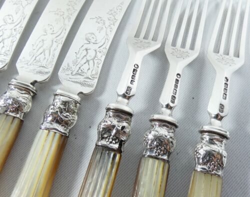 Antique Victorian 1851 11pc Sterling Silver Fruit Dessert Cutlery Set Knife Fork - Picture 4 of 14