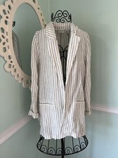 Rachel Zoe Linen Blend Yarn Dyed Striped Blazer Jacket Size M White Black