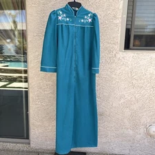 VINTAGE House Coat (Unknown Brand) Robe - Teal w/ Flowers