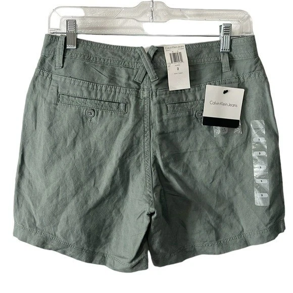 Calvin Klein Linen Blend Cargo Shorts Women's 2 Green Button Pockets Inseam 5"