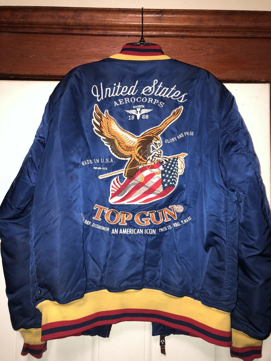 Top Gun MA-1 Nylon Bomber Jacket Mens Large Patches Back Hit Blue