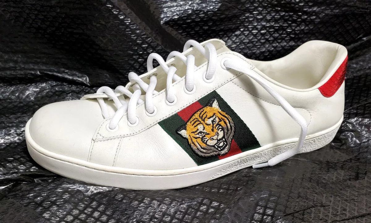 Gucci men Ace sneakers 8 1 2D White leather Tiger motif red green stripe