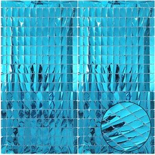 2 Pcs Blue Foil Fringe Square Curtain Backdrop - Blue Streamers Party Decorat...