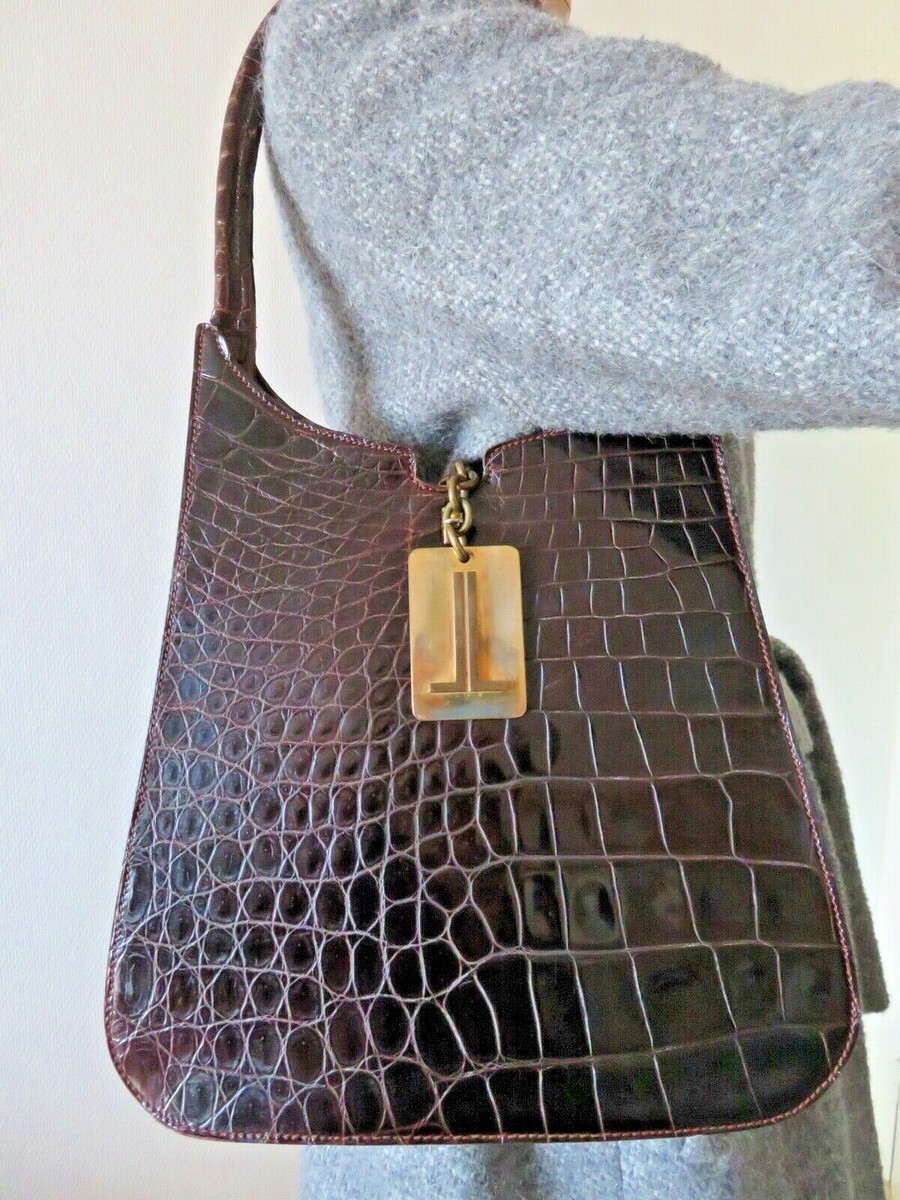 Sac à Main LANVIN Vintage En Cuir Façon Crocodile - Marron/noir - Occasion Très Bon état (traces D'usage)