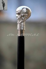 Vintage Walking Stick ShaftBrass Damage Skull Head Wooden Cane Antique Shaft New