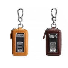 Double Layers Genuine Leather Car Key Holder Case Keychain Bag Zipper Pouch