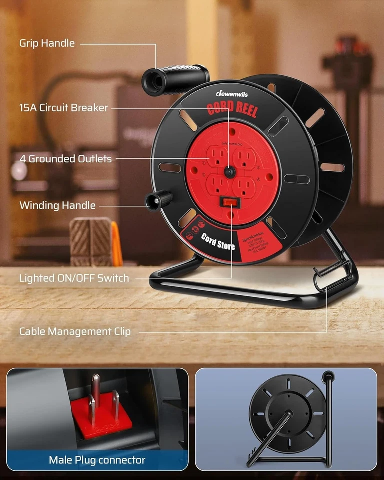 Compact 4-Outlet Cord Reel with 15A Circuit Breaker for Safety and Performance - Image 4 of 4