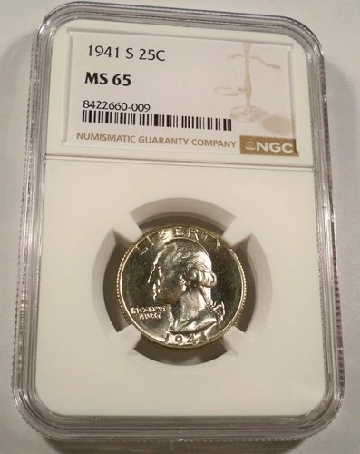 1941-S NGC MS65 WASHINGTON QUARTER GREAT LUSTER SILVER 25c MS 65