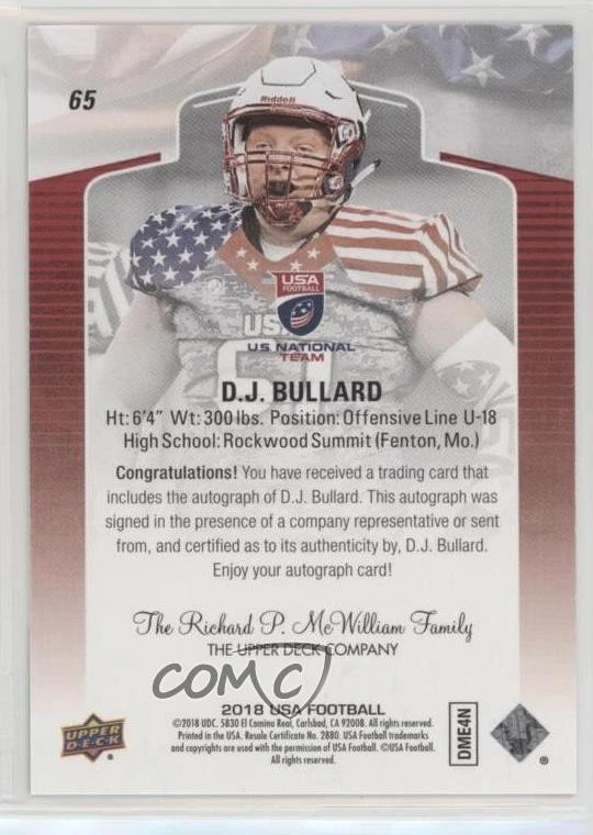 2018 Upper Deck USA Football Auto DJ Bullard #65 Auto - Image 2 of 2