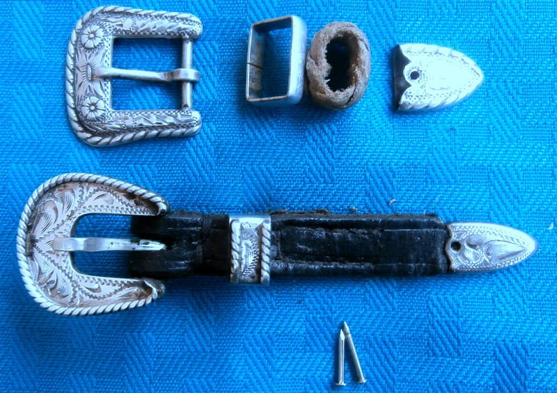 2 Silver 3 Pc. Small Buckle Sets 1 Sterling Keyston Bros. 1 Silver Overlay