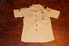 Boy Scouts of America BSA Youth Shirt Tan Large Sewn Patches Short Sleeve