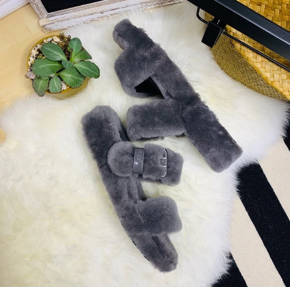 UGG Fuzz Yeah Slide Double Strap Sandal  Size 10 Charcoal  - Image 2 of 4