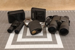 Lot of Binoculars and Laser Rangefinder: Bushnell 10x25 and Pentax 10x42