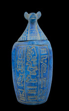 AuthenticAncient Egyptian Blue Faience Canopic JarHieroglyphic ArtifactFigure BC