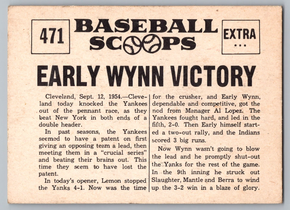 1961 NU-CARD BASEBALL SCOOPS #471 EARLY WYNN VICTORY CRUSHES YANKS - Image 2 of 3