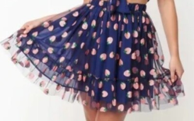 SMAK PARLOUR Navy & Strawberry Roller Queen Skirt**Glitter berries Size XS**NEW