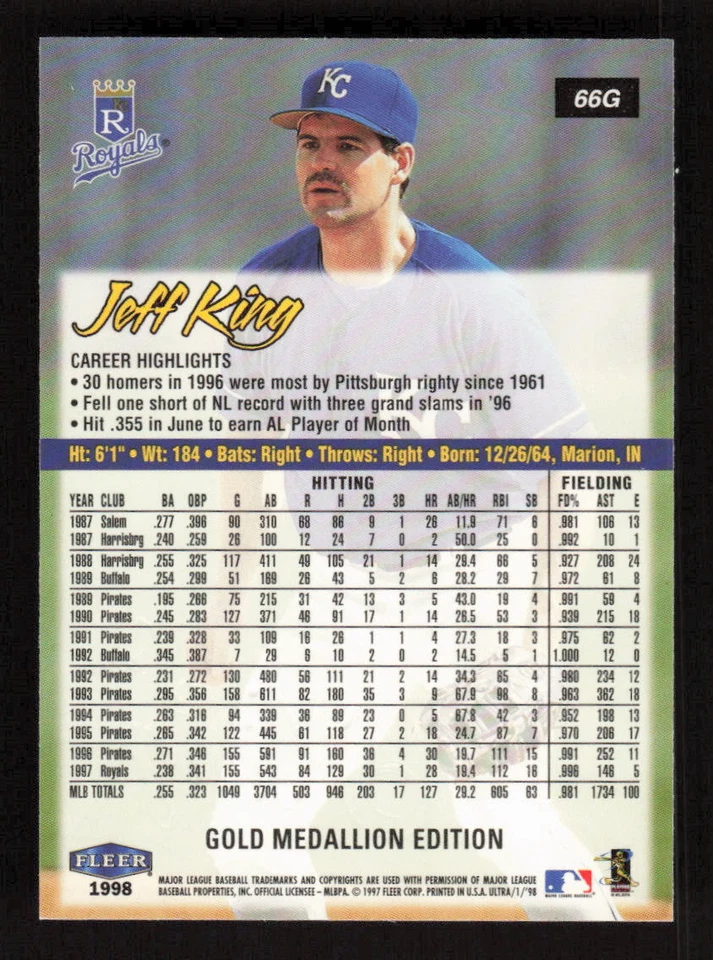 1998 Fleer Ultra Gold Medallion #66G Jeff King  Kansas City Royals - Image 2 of 2