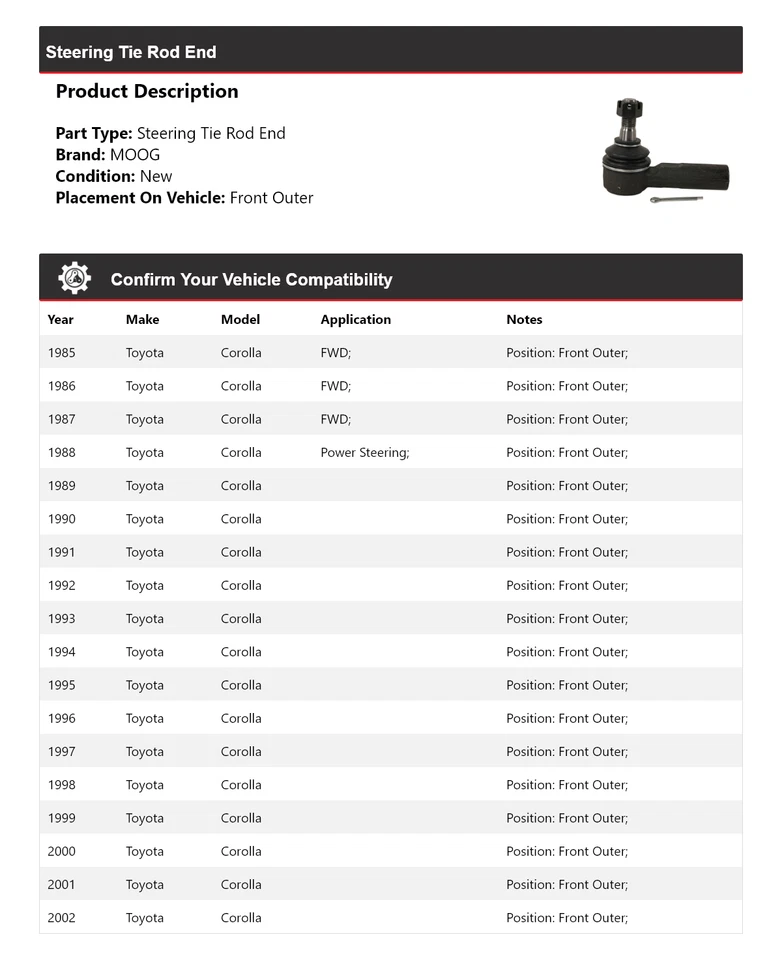 Para Toyota Corolla 1985-2002 extremo de barra de dirección delantero exterior MOOG 1985 1986 Foto 2 de 4