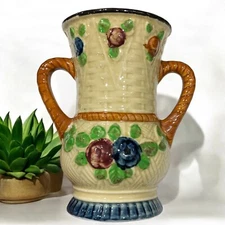 Vintage Maruhon Ware Glazed Handpainted Double Handle Flower Vase 5”