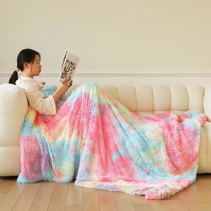 Manta de lana coralina coralina larga de piel sintética de color suave cálida de felpa acogedora manta mullida Foto 2 de 4