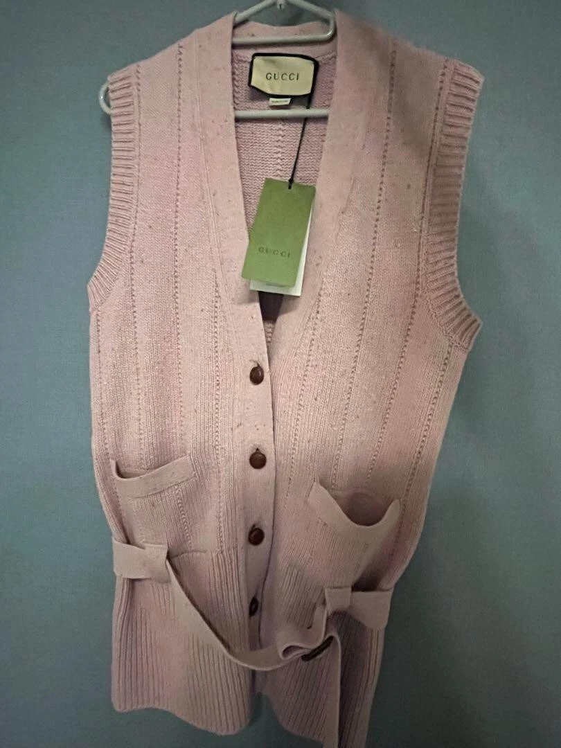 Gilet cardigan pull femme GUCCI côtelé laine tricot taille S laine rose avec ceinture