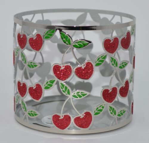 NEW BATH & BODY WORKS RED CHERRY HEARTS LARGE 3 WICK CANDLE HOLDER SLEEVE METAL - Picture 1 of 4
