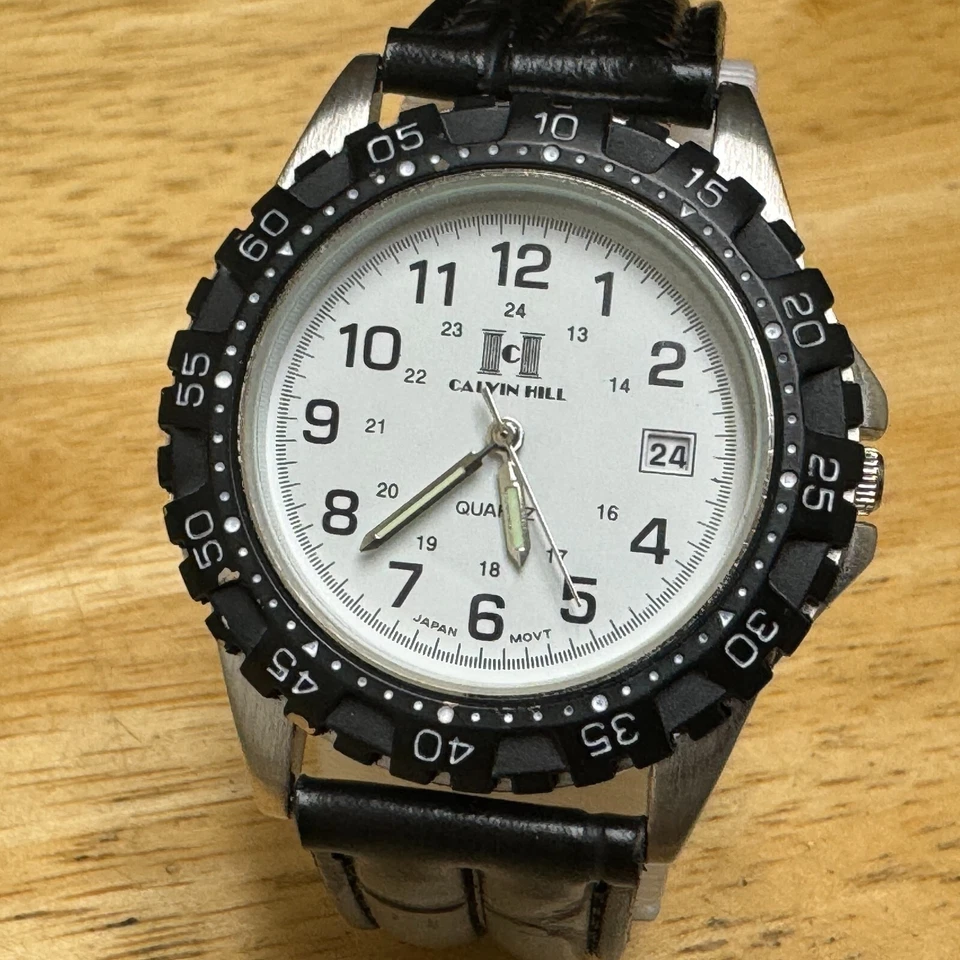Reloj de Cuarzo Calvin Hill Hombre Plateado Negro Bisel Giratorio Fecha Cuero Nuevo Batería Foto 2 de 4