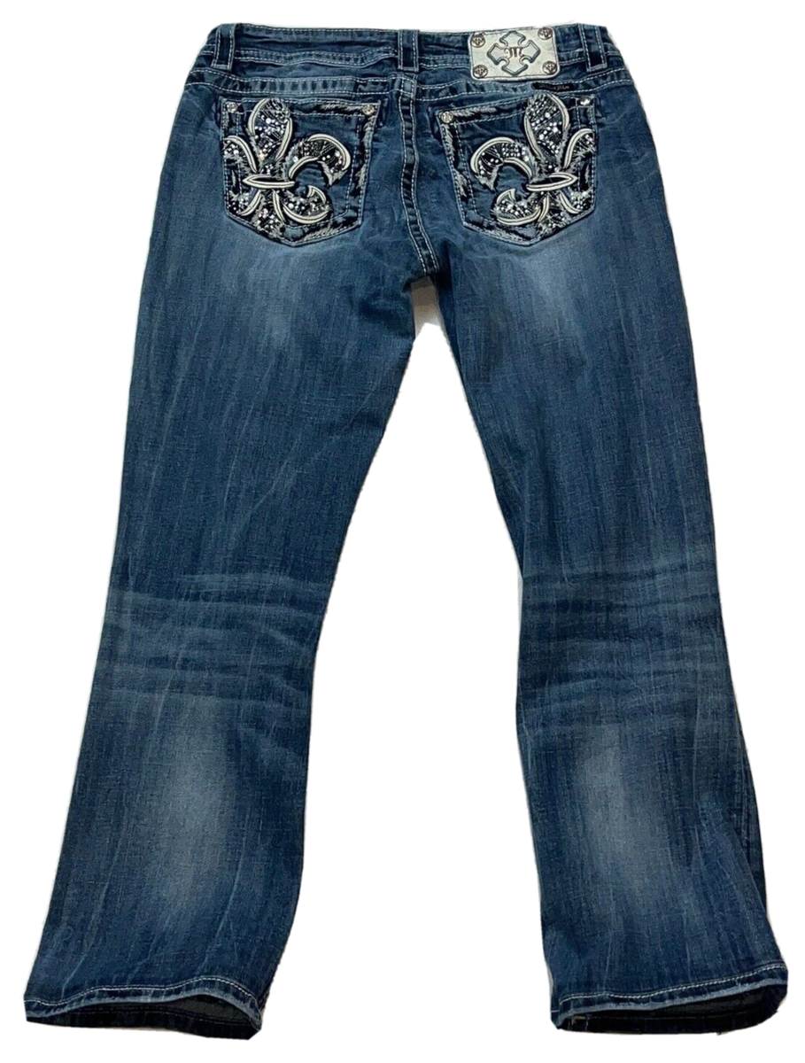 Miss Me Women's Bling Fleur Pocket XP8159B Relaxed Bootcut Blue Jeans Sz 29  X 27