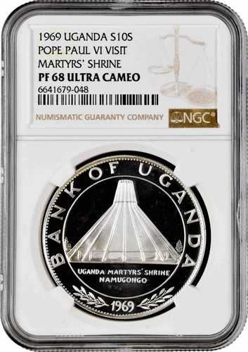 Uganda 10 shillings 1969, NGC PF68 UC, "Visit of Pope Paul VI - Martyrs' Shrine"