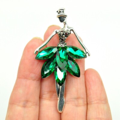 Ballerina Brooch with Green Rhinestones Ballet Dancer Brooch Women