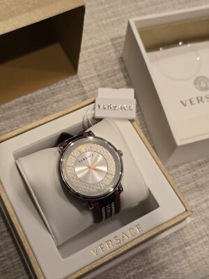Versace V-Circle 42mm Silver Stainless Steel Case with Red Leather Band Men's