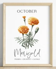 Birth Month Flower Art Print October, Marigold Wall Art Decor, Home Decor