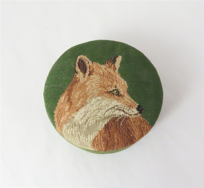 Handmade Cross Stich Fox On Green Round Trinket Box 3 3/4"