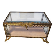 Rachel Ashwell Glass Jewelry Box Dragonfly Gold Trinket Display Shabby Chic