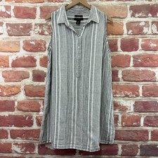 Tahari Shift Dress Womens 1X Gray White Striped 100% Linen Casual Popover