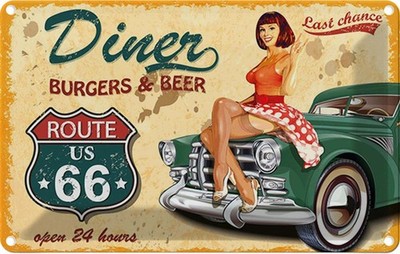 Blechschild 12x18 cm Pinup diner burgers beer Amerika USA Pin Up American Deko G