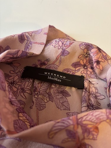 Max Mara Silk Tunic 14 16 42 44 Floral Print Shirt Chiffon Lilac Purple Tie Neck - Picture 12 of 13