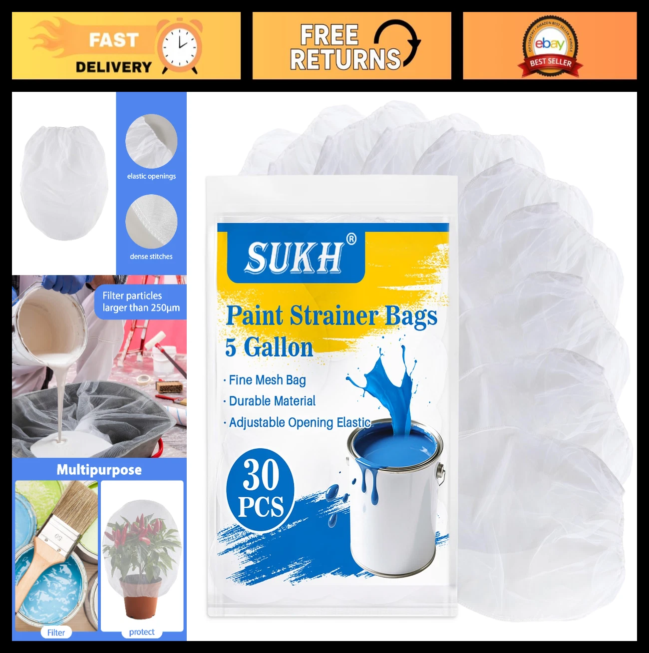 30pcs 5 Gallon Paint Strainer Bags - Nylon Mesh Filter with Elastic Drawstring f