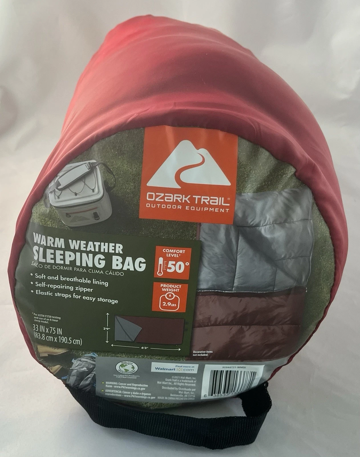 (QC)Ozark Trail 50F Warm Weather Sleeping Bag Red 3.04 pounds 75"X33"